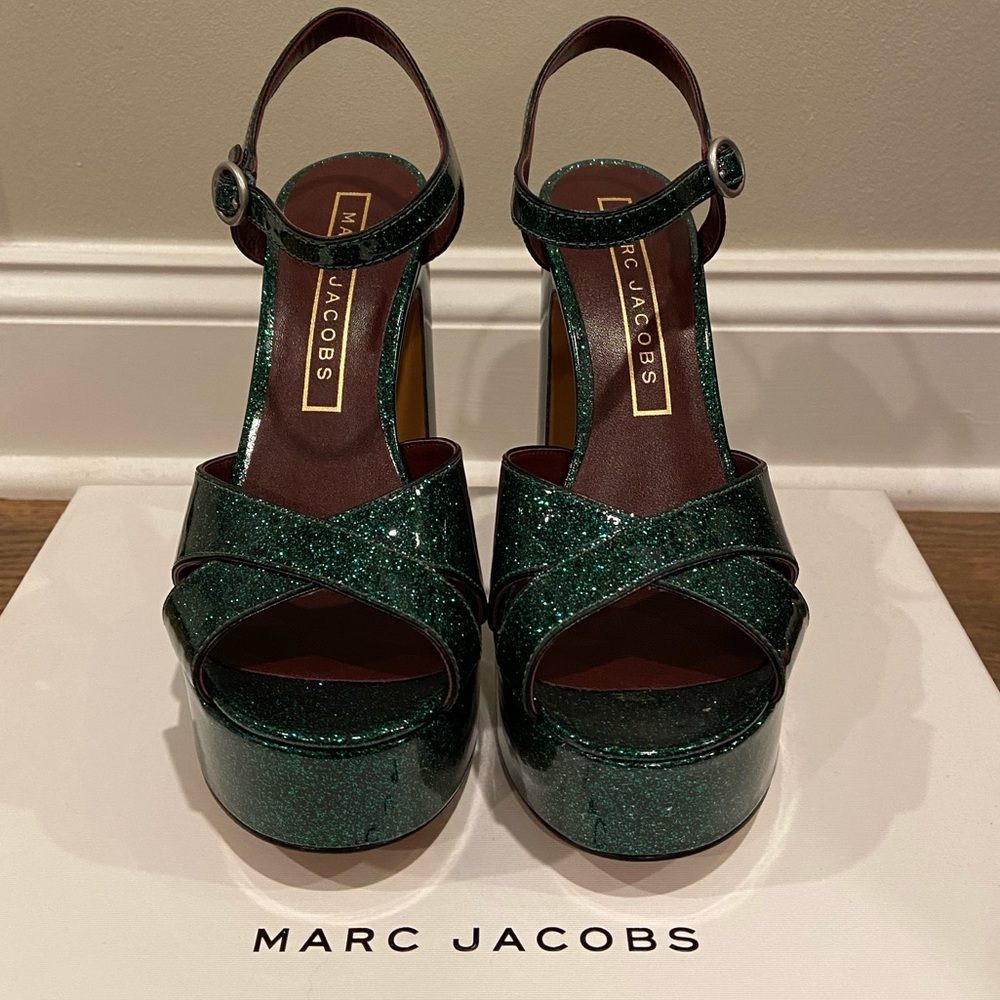 Emerald Green Glitter Patent Leather Platform Designer Heels